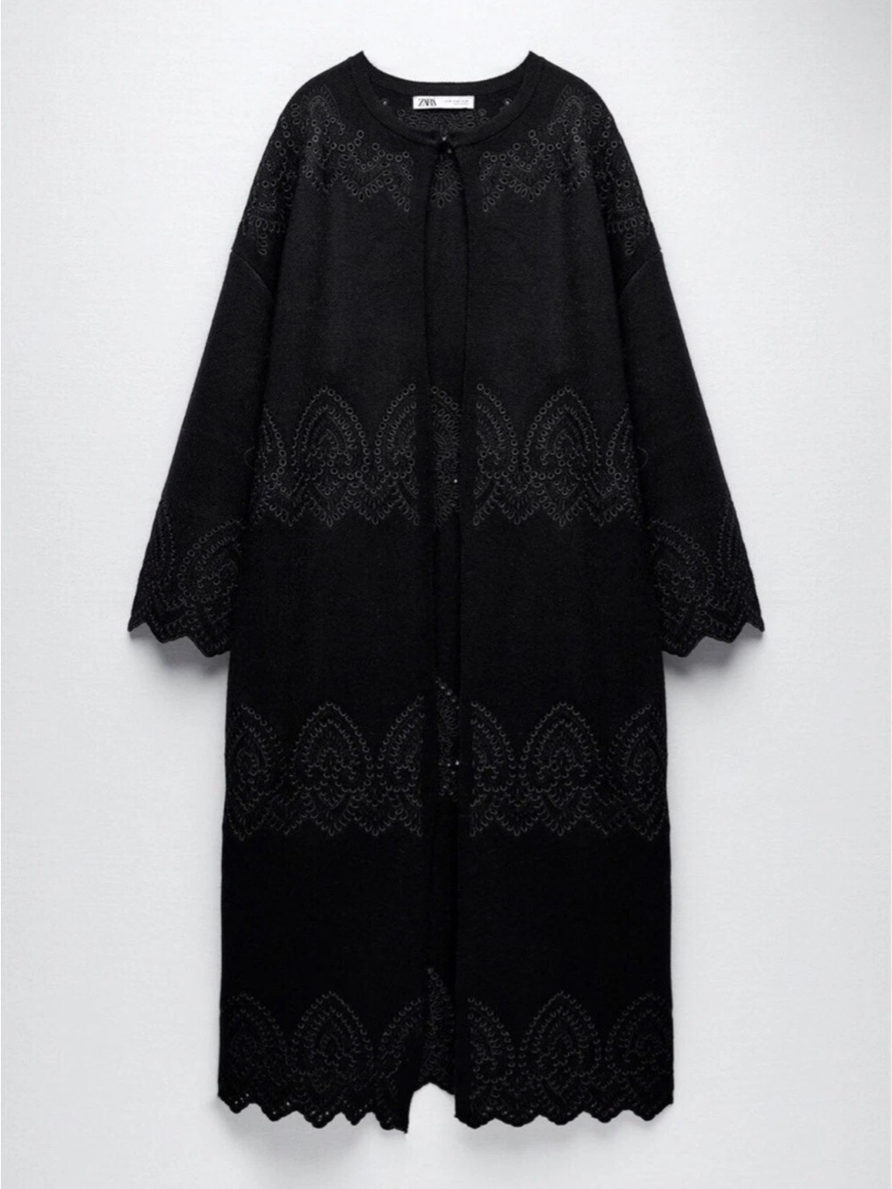 Zara Black Eyelet-Embroidered Long Knit Cardigan Coat Blogger Favorite
